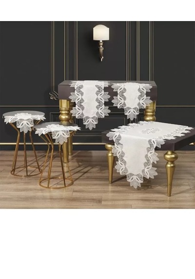 Salon Takımı Krem-gold Kayla Model 5 Parça Keten Dantelli Masa Örtüsü Runner Seti