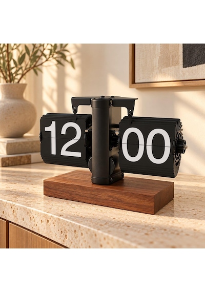 Retro Yapraklı Masa Saati Ahşap Tabanlı Sessiz Mekanizmalı Flip Clock Ev Ofis Kafe Dekoratif Saat Syh Siyah
