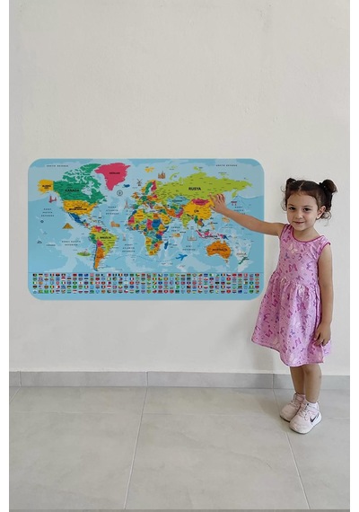 Türkçe Dünya Ve Türkiye Haritası Ülke Bayraklı Çocuk Ve Genç Odası Duvar Sticker-60x105-3882bayrak Renkli
