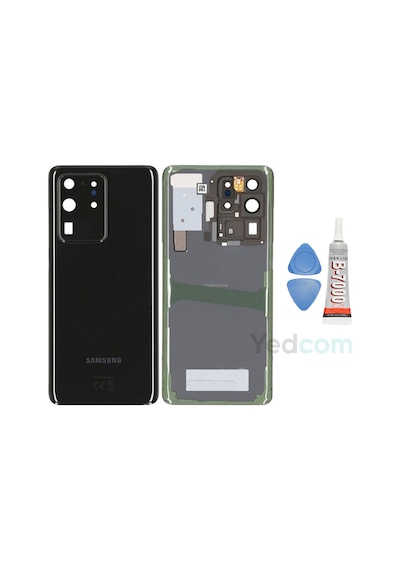 Samsung S20 Ultra Siyah Uyumlu Kamera Camlı Arka Cam Batarya Pil Kapağı Telefon Arka Kapak
