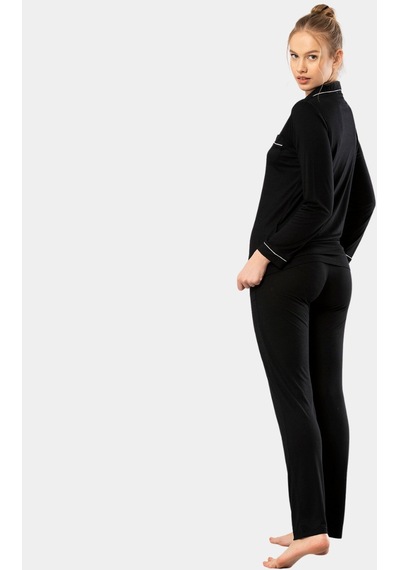 Türen Düz Uzun Kollu Gömlek Yaka Pijama Takım 001