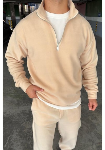 Mass Plus Unisex Slimfit Yarım Fermuarlı Dik Yaka Polar Sweatshirt Krem