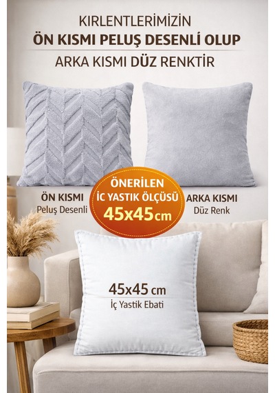 Peluş Dekoratif Kırlent Kılıfı İskandinav Zigzag-balıksırtı 4 Lü Set 42x42 Cm Açık Gri