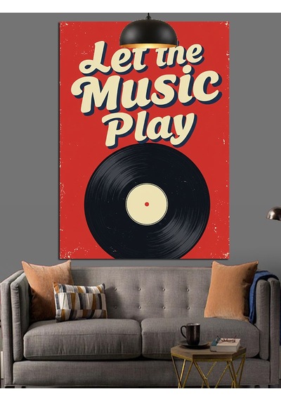 Let The Music Play Sloganı Ve Plak Dekoratif Kanvas - Mdf Ahşap Tablo