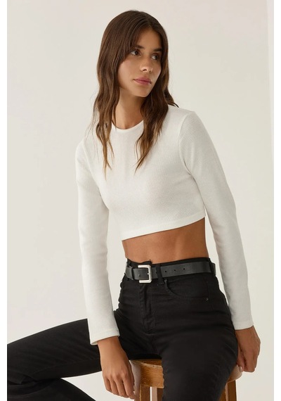 Hiccup Slim Fit Örme Crop Bluz Tozlu Beyaz