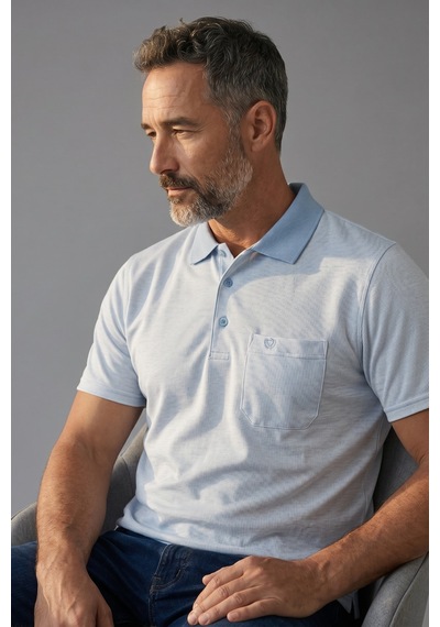 Erkek Simenti Fitilli Yakalı Penye Buz Mavi Baba Tshirt