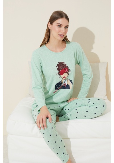 Siyah İnci Pamuklu Örme Pijama Takım 24240135 Yeşil