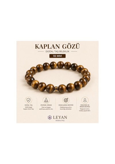 Leyan Doğaltaş 10 Mm Kaplan Gözü Doğal Taş Bileklik Unisex Esnek İpli Bileklik Bej Bej