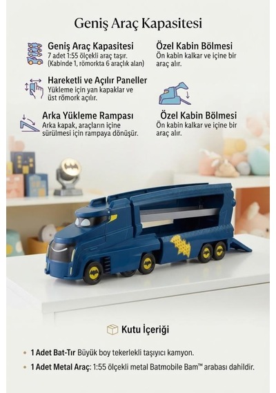 Batwhells Bat-büyük Özel Kabinli Açılır Bölmeli 7 Araç Kapasiteli Yükleme Rampalı Oyuncak Araç