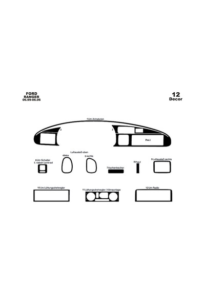 Ford Ranger Torpido Kaplama 1999-2006 12 Parça Piano Black
