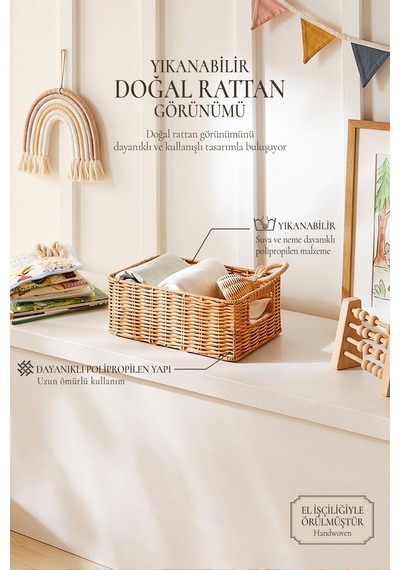 Ocean Home Textile Çocuk Odası Yıkanabilir Bej Pp Rattan Sepet 30 X 20 X 11 Cm