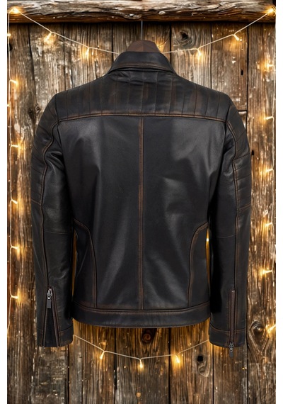 Derije Hakiki Deri Motorcu Tarzı Vintage Erkek Biker Mont Eskitme