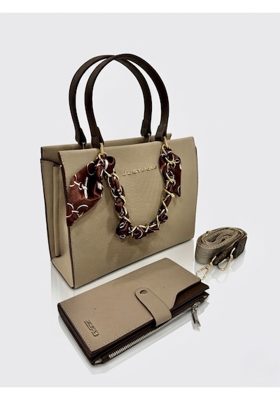Just Polo Kadın Gold Zincirli Şal Detaylı Şık El & Omuz Çantası Ve Cüzdanı Kombin Shopper Ebat: 20 X 25 Cm Kum - Kahverengi