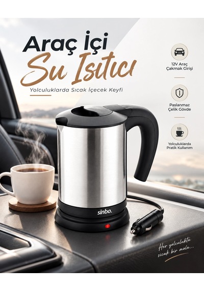 Otomobil İçin 12v Çakmak Soketli Paslanmaz Çelik Taşınabilir Su Isıtıcı Seyahat Kettle