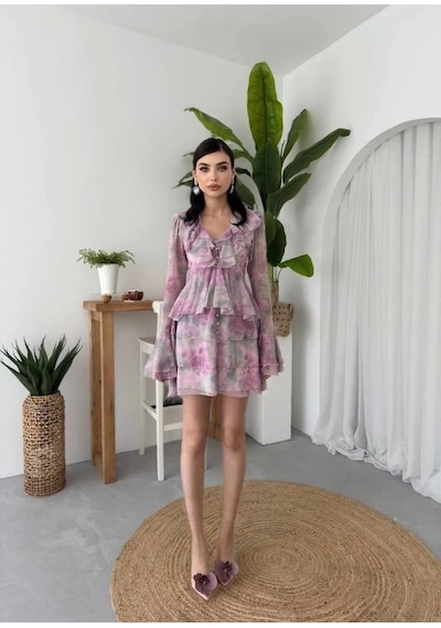 Defymoda Elose Fırfırlı Elbise Desenli