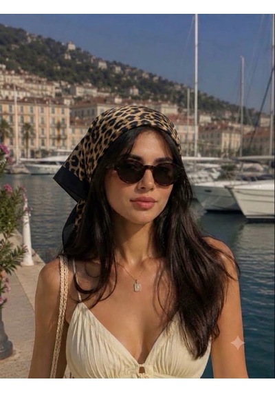 Trend Dokunuş Kadın 50-50 Saten Siyah Leopar Fular Bandana Leopar-siyah