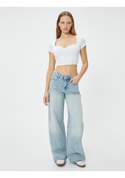 Koton Kalp Yaka Crop Tişört Ribanalı Kısa Kollu Slim Fit Ekru 4sal10808ık Ekru