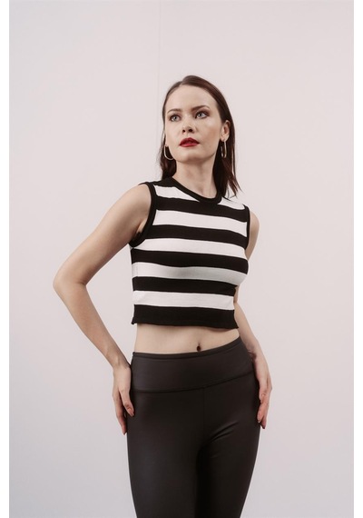 Livanomi Siyah Çizgili Crop Bluz - Siyah