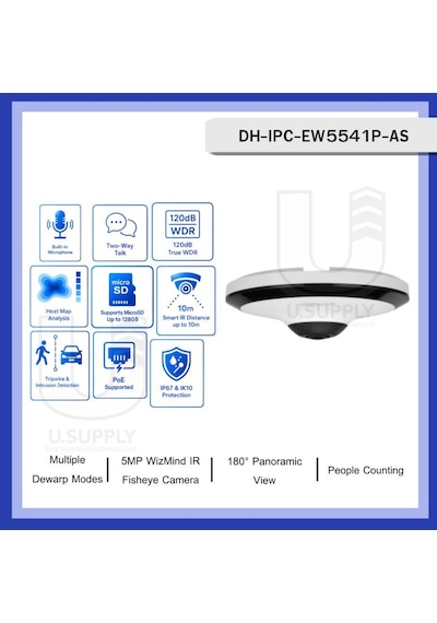 Dahua Ipc-ew5541p-as 5mpix, 1,4mm Lens,h265+, Ik10, Ip67, Dahili Mikrofon, Sd Kart, Metal Kasa, Fisheye Ip Kamera