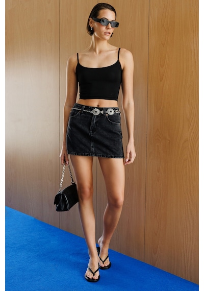 Genius Store Kadın Scuba Kumaş İp Askılı Crop Top Crop-atlet Siyah
