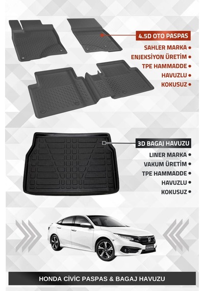 Sahler Honda Civic 2016-2021 Uyumlu 4.5d Premium Havuzlu Oto Paspas Ve Liner Marka 3d Bagaj Havuzu -