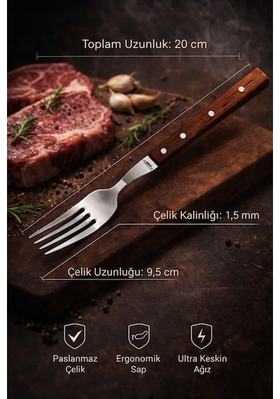 Lazbisa Mtf-062 Hand Craft Serisi Steak Et Yemek Kahvaltı Bıçağı Çatalı 12 Li Set Mutfak Bıçak Seti Ahşap