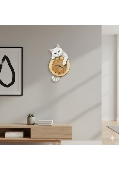 Cajuart Kütük Üzerinden Bakan Beyaz Kedi Tasarımlı Duvar Saati Modern Dekoratif Saat Beyaz