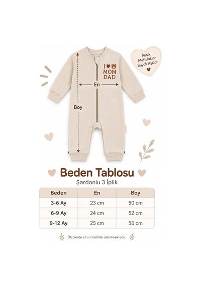 Beniizle Baskılı Unisex 3 İplik Şardonlu Fermuarlı Bebek Tulum Ekru