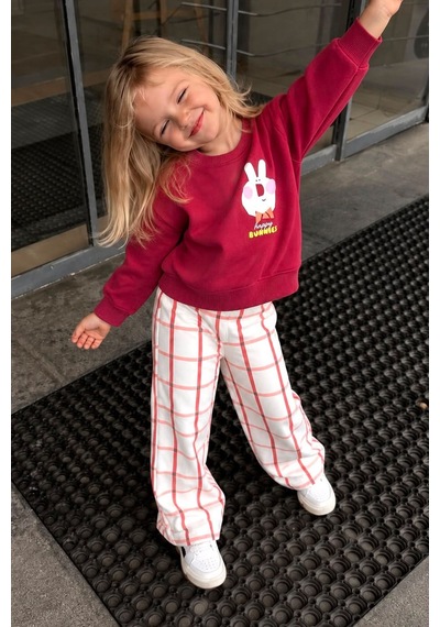 Monila Kız Çocuk Bordo Tavşan Baskılı Pamuklu Sweatshirt Ve Kareli Kanvas Pantolonlu Alt Üst Takım