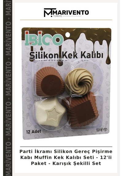 Parti İkramı Silikon Gereç Pişirme Kabı Muffin Kek Kalıbı Seti - 12'li Paket - Karışık Şekilli Set Çok Renkli