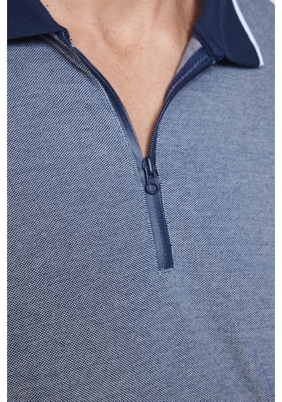 Tudors Erkek Slim Fit Dar Kesim Pamuklu Fermuarlı Lacivertvert Polo Yaka Tişört-27589-Lacivertvert Lacivert