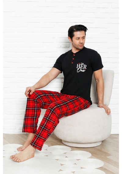 Enisena Erkek Pijama Takımı - Ekose Altlı-3 Düğmeli - %100 Pamuklu 12386 Siyah