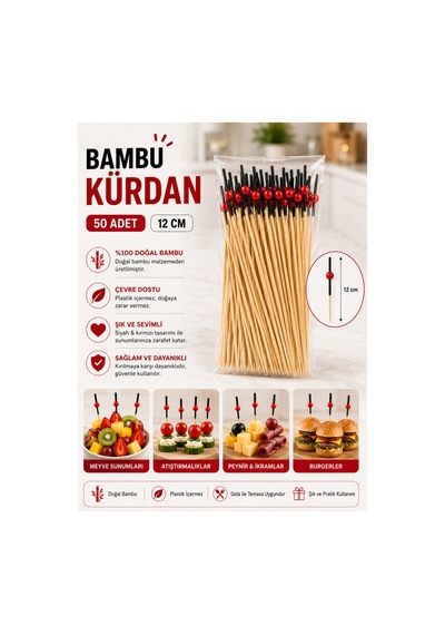Siyahlı Kırmızı Boncuk Bambu Kürdan 12 Cm 50 Adet - 913949665