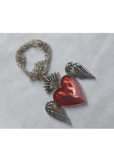 Kırmızı Mineli Feathers Heart Kolye Kahverengi - Taba