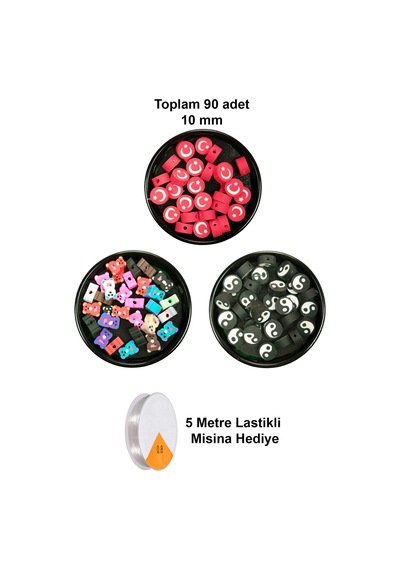 90 Adet 10 Mm Polimer Kil Fimo Boncuk Takı Bileklik + 5 Metre Misina Hediye - Ayıcık - Bayrak - Yin Yang