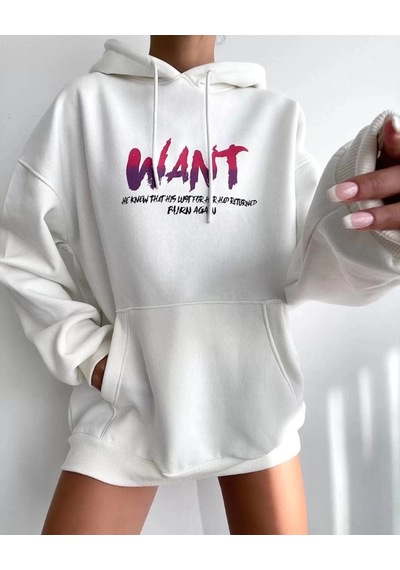 Novalisse Kadın Oversize Kapüşonlu Cepli Want Baskılı 3 İplik Pamuklu Hoodie Sweatshirt - Beyaz Çoklu Renk