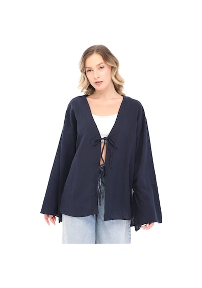 Blayn Jeans Blayn Kadın Keten Kimono Oversize Rahat Kalıp Yazlık Uzun Kollu Kimono Lacivert