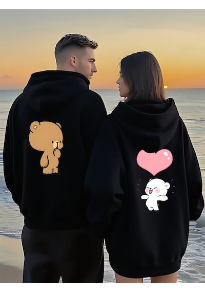 Nevermind Sevgili Kombin Hoodie Ayıcık Baskılı Kalpli Çift Sweatshirt Uni Siyah