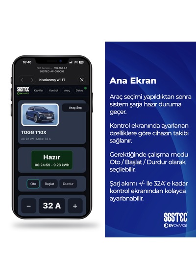 SGSTEC Home 7.4 KW 5 Metre Kablolu Elektrikli Araç Şarj Cihazı