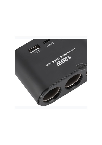 Şüscaroto Aksesuar Üniversal 3'lü Çakmak Soketi 120W Çakmaklık Çoğaltıcı 2 Usb 1 Type-c Araç Şarj Cihazı 12V/24V