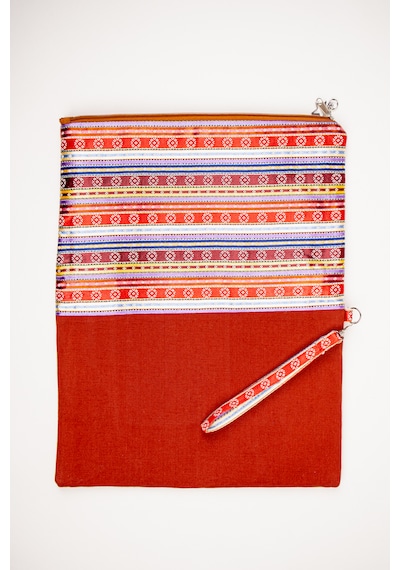 Fabric Craft Bag Katlanabilir Portföy Çanta Etnik Desenli, İçi Astarlı, Bilek Askılı 34x43 Cm Kiremit
