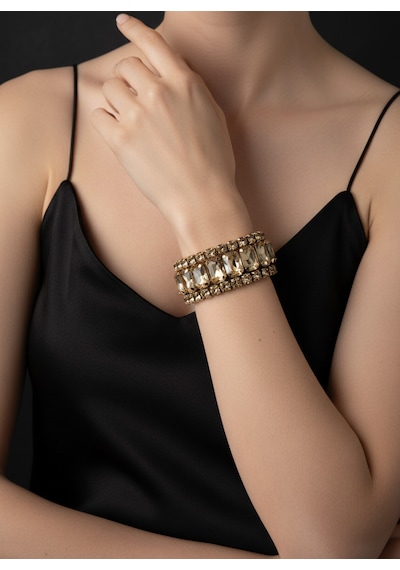 Valmont Accessories Kadın Altın Renk Bej Taşlı Üçlü Bileklik Seti