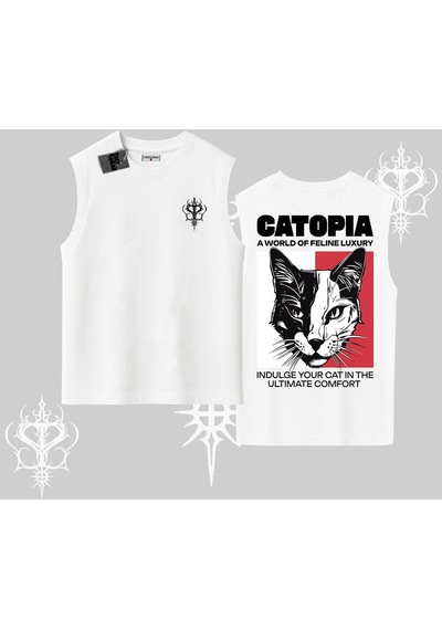 Startmore Startmore Modern Kedi Temalı Arka Baskılı Kolsuz Tshirt Beyaz