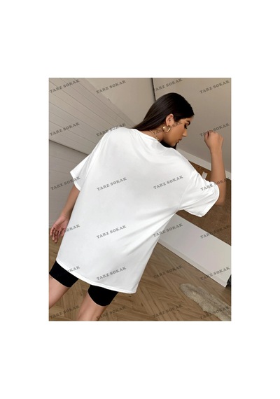 Tarzsokak Unisex Bay Hindistan Cevizi Ağacı Ve Harf Grafikli Drop Omuz Tişört Kod-1313 Beyaz
