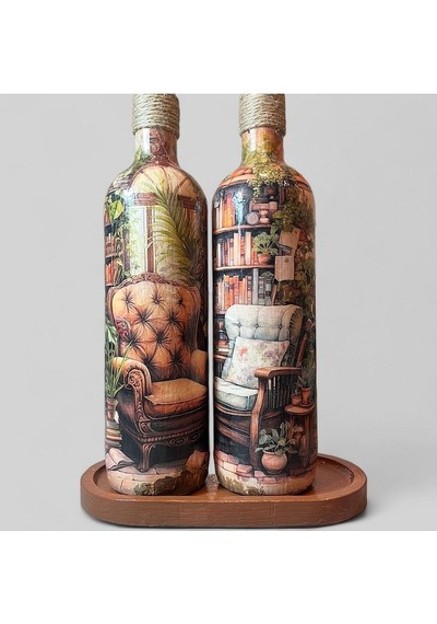 El Yapımı Kışbahçesi Desenli Renkli 750 Ml Zeytinyağı Sıvıyağ Şişesi Yağdanlık Yağlık 2'li Set Çok Renkli