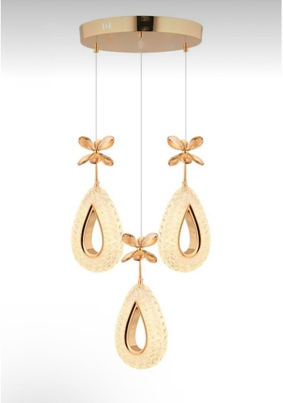 Damla Model 3'lü Gold 3 Renk Modu Ledli Kristal Taşlı Modern Salon Mutfak Oturma Odası Led Avize Gold