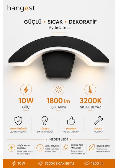 Led Yarım Ay Duvar Apliği 10w 1800 Lm 3200k Sıcak Beyaz Sensörsüz Modern Duvar Lambası Siyah