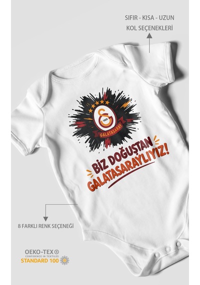 Morivokids Biz Doğuştan Galatasaraylıyız Kısa Kollu Bebek Body %100 Pamuk Beyaz