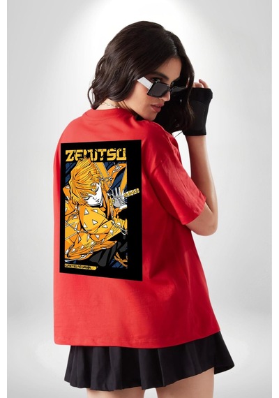 Zenitsu Agatsuma Anime Kırmızı Oversize Unisex Ön Ve Sırt Baskılı Tişört Kırmızı