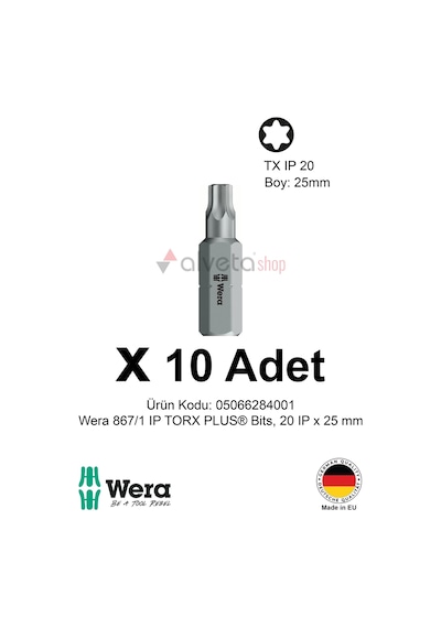 Alveta Wera 867/1 Ip Torx Plus 20ıp X 25mm Tornavida Ucu 10 Adet Vidalama Bits Seti Profesyonel Se